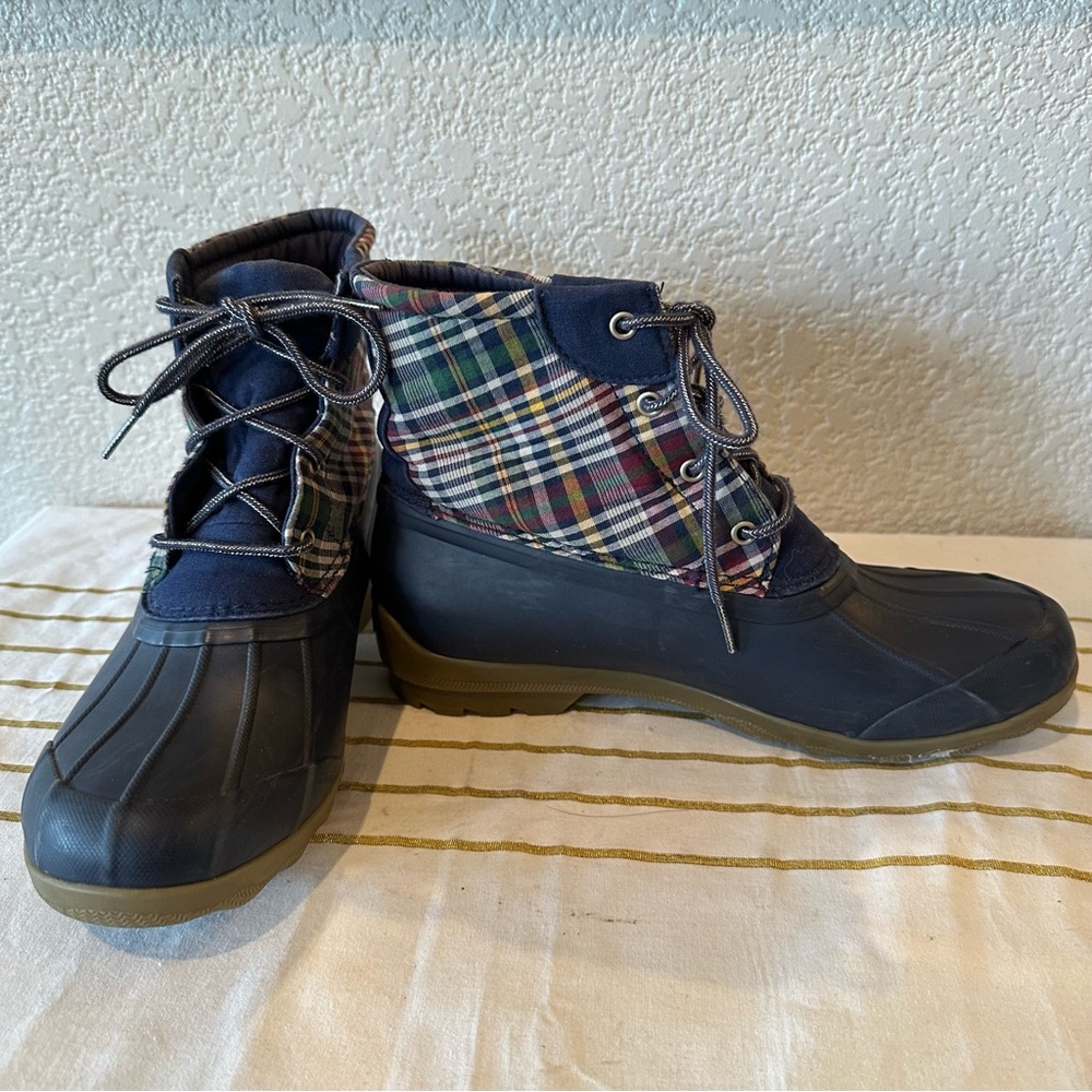Sperry Navy Blue Plaid Port Rain Boots